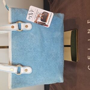 Celine vintage 2001 Rare Limited prod Light blue/white 10" suede/leather tote